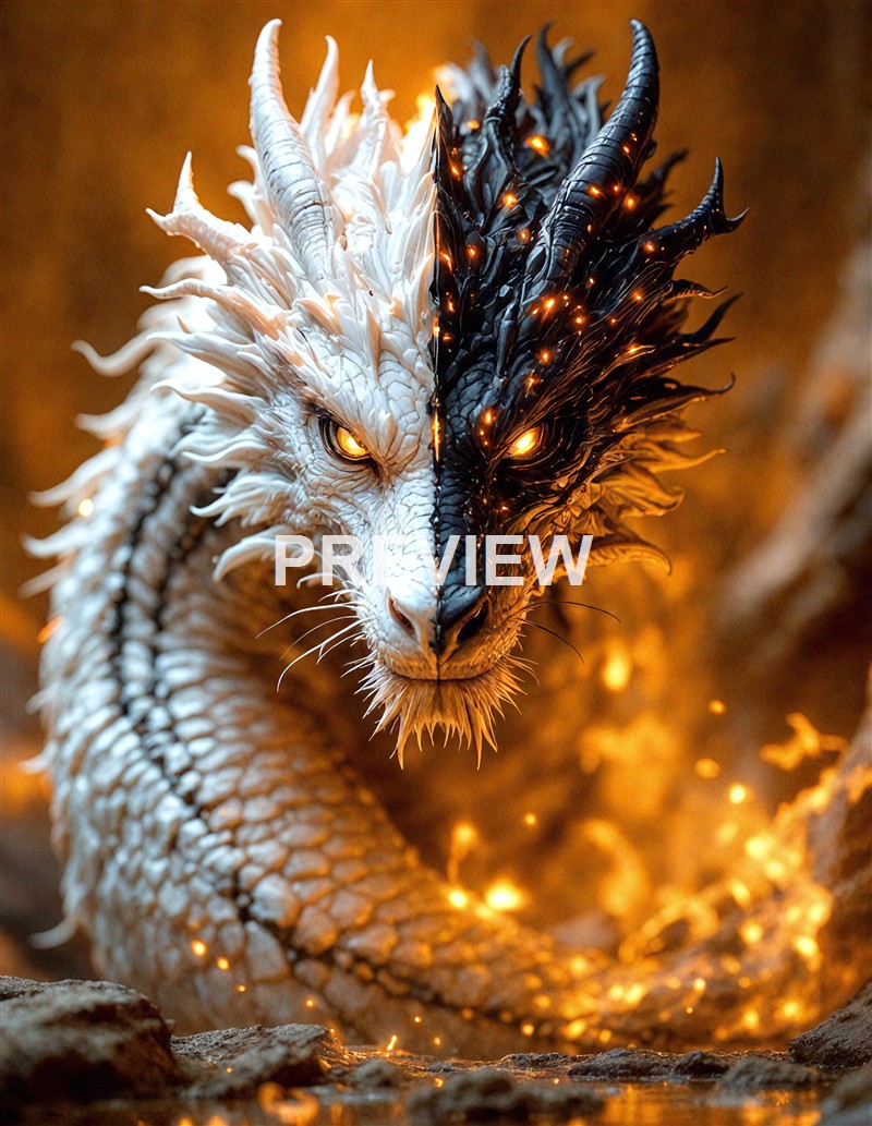 A fierce, mythical dragon with a split face—half white with icy features and the other black with fiery, glowing elements—coiled amidst a fiery, rocky environment.